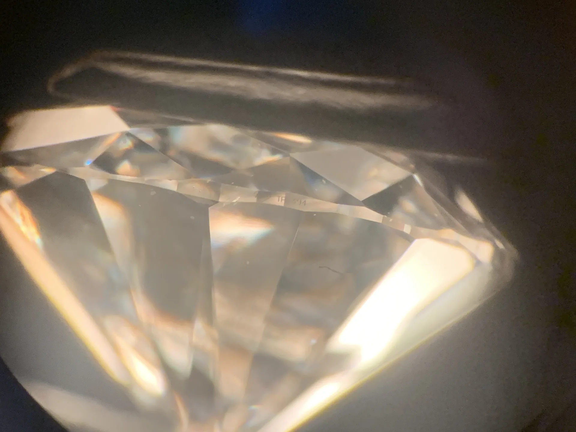 Diamant im Brillantschliff, Seitenansicht im Dunkelfeld: Rundiste mit Laserinschrift, Kristall/Feder im Pavillon rechts